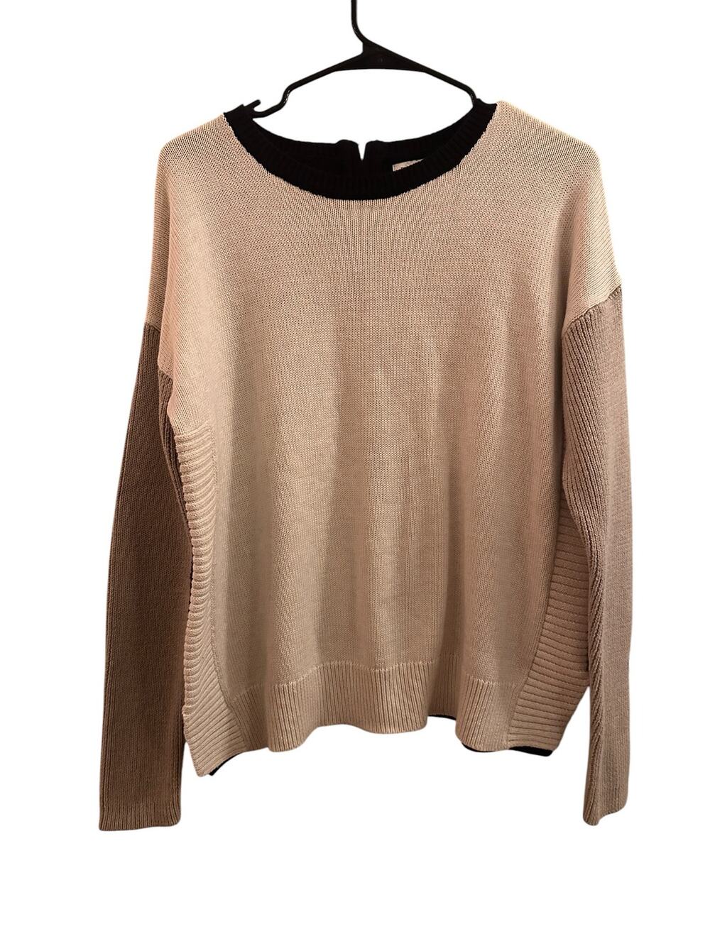 Rachel Zoe Cream Tan Black Long Sleeve Crew Neck Dressy Sweater Women Sz L